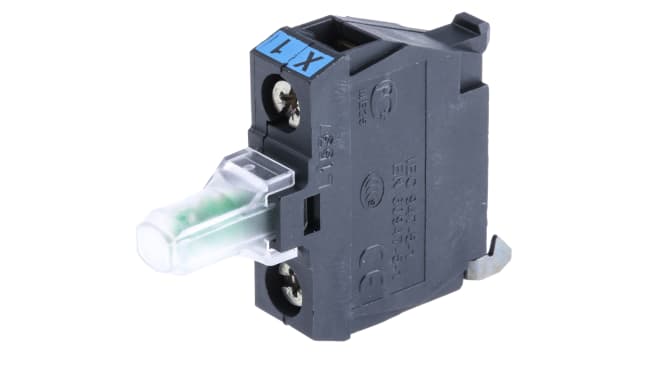 Blocco contatti luminoso LED blu Schneider Electric ZALVB6, tensione 24 V, montaggio anteriore, durata LED 100.000 ore.