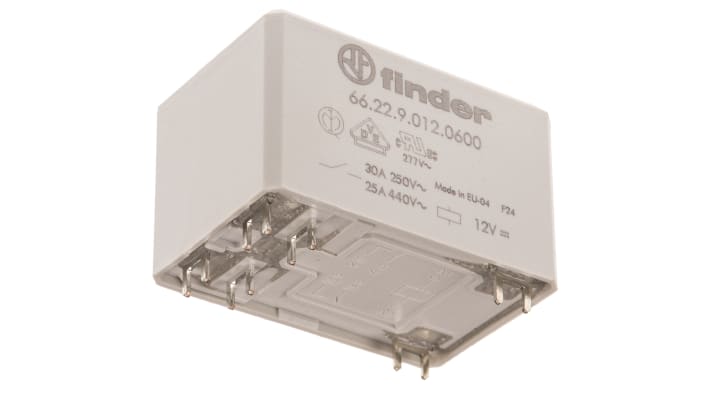 Finder 66.22.9.012.0600, relè DPST per circuito stampato, 12V cc, 50A, dimensioni 51.5mm x 31mm x 33.5mm.
