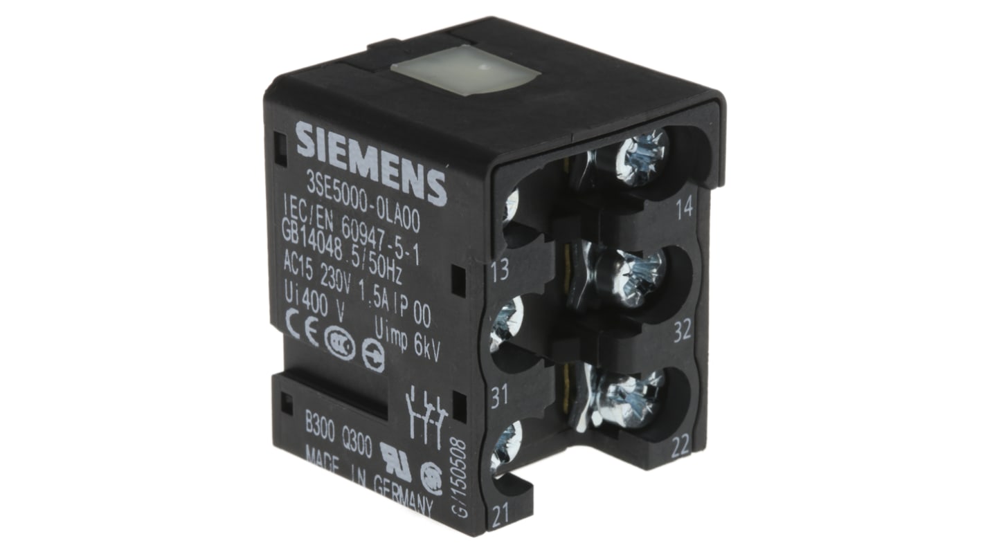 Blocco contatti Siemens 3SE5000-0LA00, 3 poli, 1 NA e 2 NC, grado di protezione IP65/IP66/IP67, montaggio rapido. Dimensioni contenitore 31 mm, 40 mm, 50 mm.