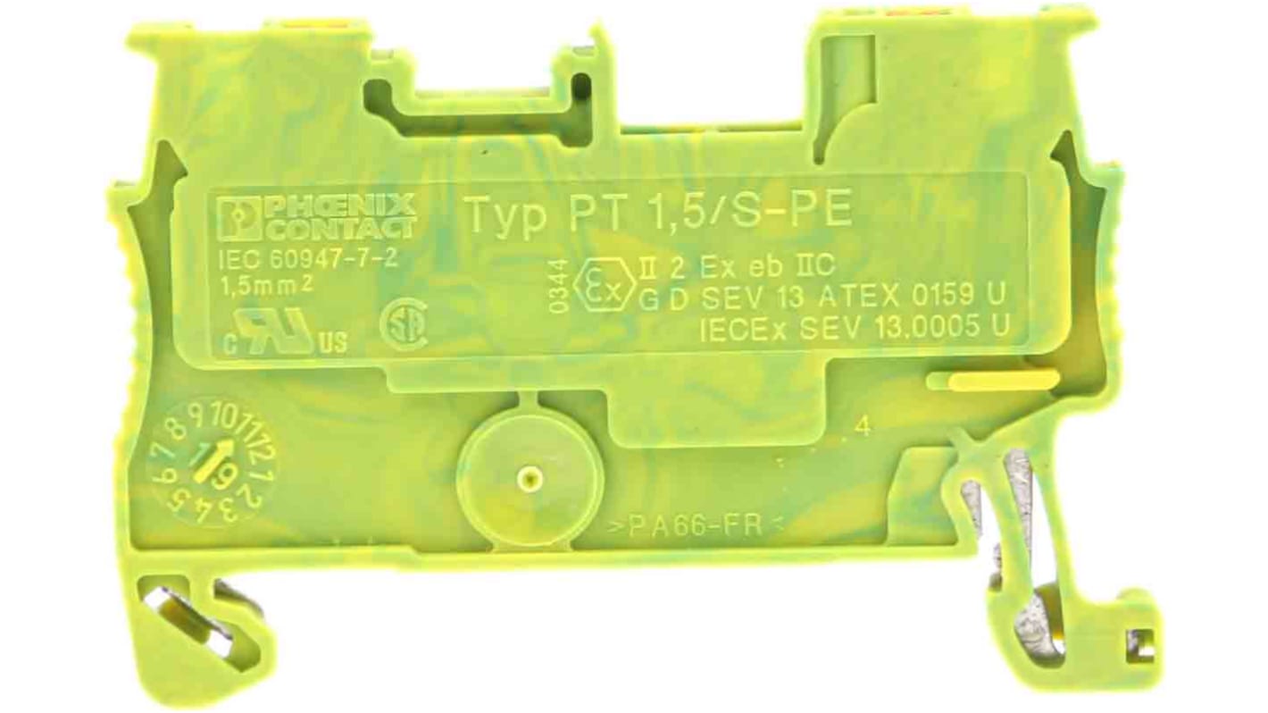 Morsettiera di terra Phoenix Contact PT 1,5/S-PE - 3208139, Verde/Giallo, Singolo Livello, 26-14 AWG, CSA 0,14-1,5 mm² - Conforme ATEX, ideale per cablaggi industriali e ferroviari.