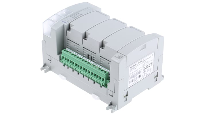 Allen Bradley 2080-LC30-24QWB, CPU PLC Micro830 con 14 ingressi digitali e 10 uscite relè, dimensioni 90 x 145 x 80 mm.