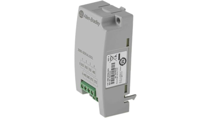 Allen Bradley 2080-SERIALISOL, modulo a innesto con porta seriale isolata per Micro 800, dimensioni 62 x 31,5 x 20 mm.