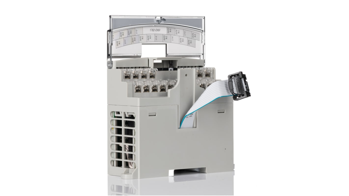 Modulo I/O digitale Allen Bradley 1762-IQ8OW6 per MicroLogix 1100, 8 ingressi e 6 uscite, dimensioni 90x40x87 mm. Espandibile fino a 6 moduli.