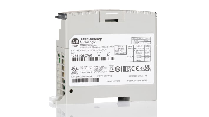 Modulo I/O digitale Allen Bradley 1762-IQ8OW6 per MicroLogix 1100, 8 ingressi e 6 uscite, dimensioni 90x40x87 mm. Espandibile fino a 6 moduli.