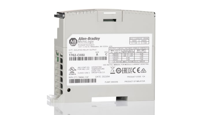 Modulo I/O digitale Allen Bradley 1762-OX6I per MicroLogix 1100, montaggio su pannello, dimensioni 90 x 40 x 87 mm, 6 uscite relè.