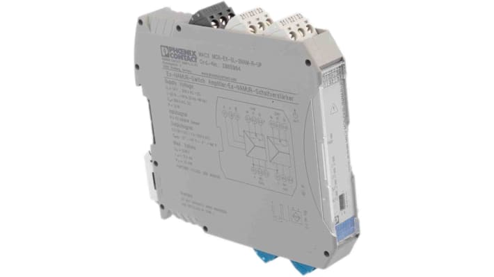 Phoenix Contact, barriera galvanica MACX MCR-EX-SL-2NAM, 2 canali, isolamento elettrico a 3 vie, IP20, 12,5 mm di larghezza.