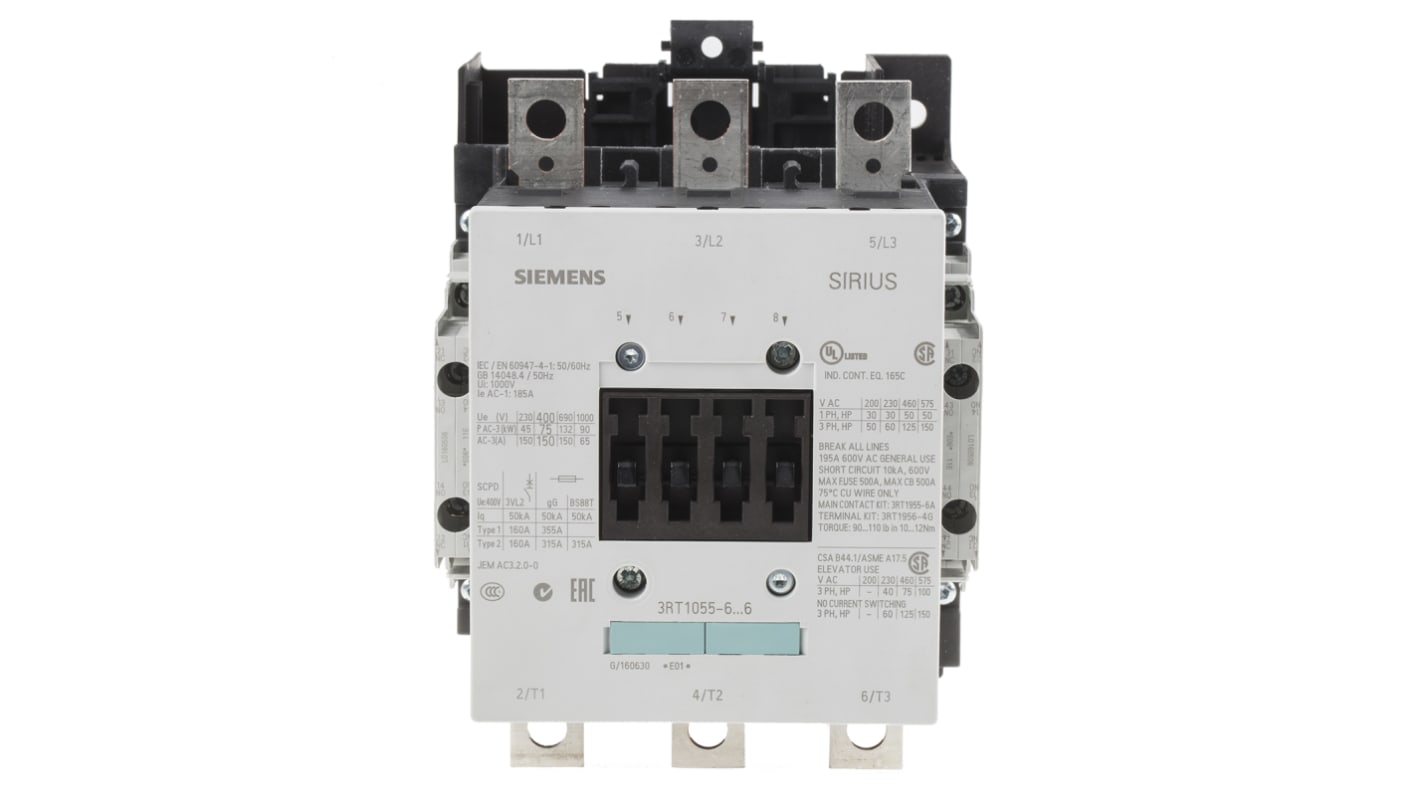 Contattore Siemens 3RT1055-6LA06, 3 poli, 150 A, 75 kW, 400 V c.a., con 4 contatti ausiliari, dimensioni 170x120x169 mm.