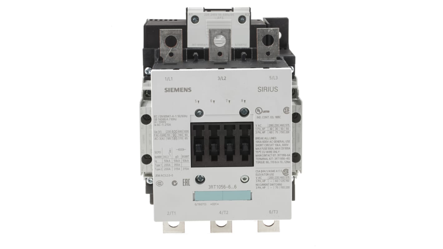 Contattore Siemens 3RT1056-6AP36, 3 poli 185A 90kW 230V - Serie SIRIUS Classic per motori AC1-AC4
