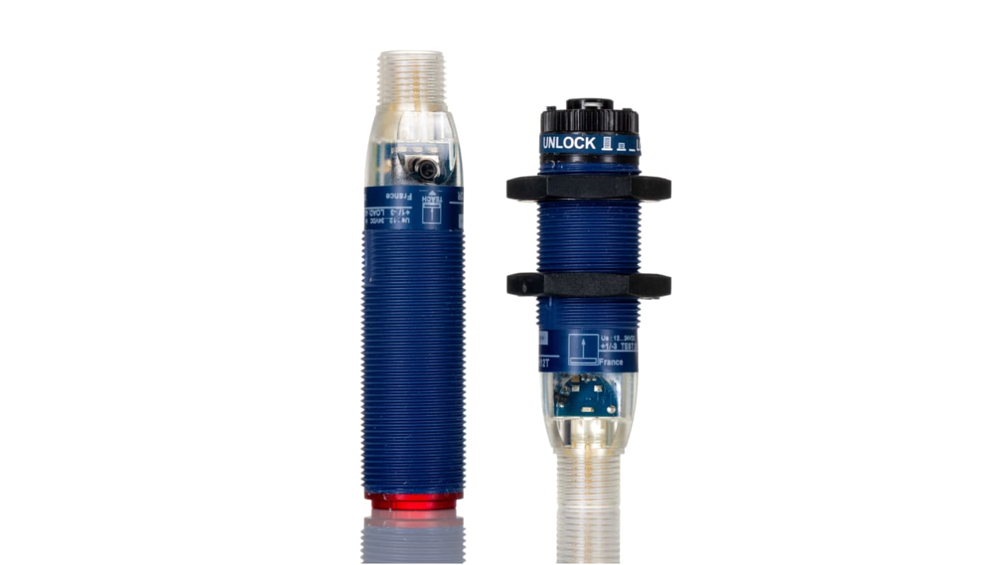 Sensore fotoelettrico cilindrico Telemecanique Sensors XUBLAPCNM12, rilevamento fino a 100 m, uscita PNP, connettore M12, IP67.