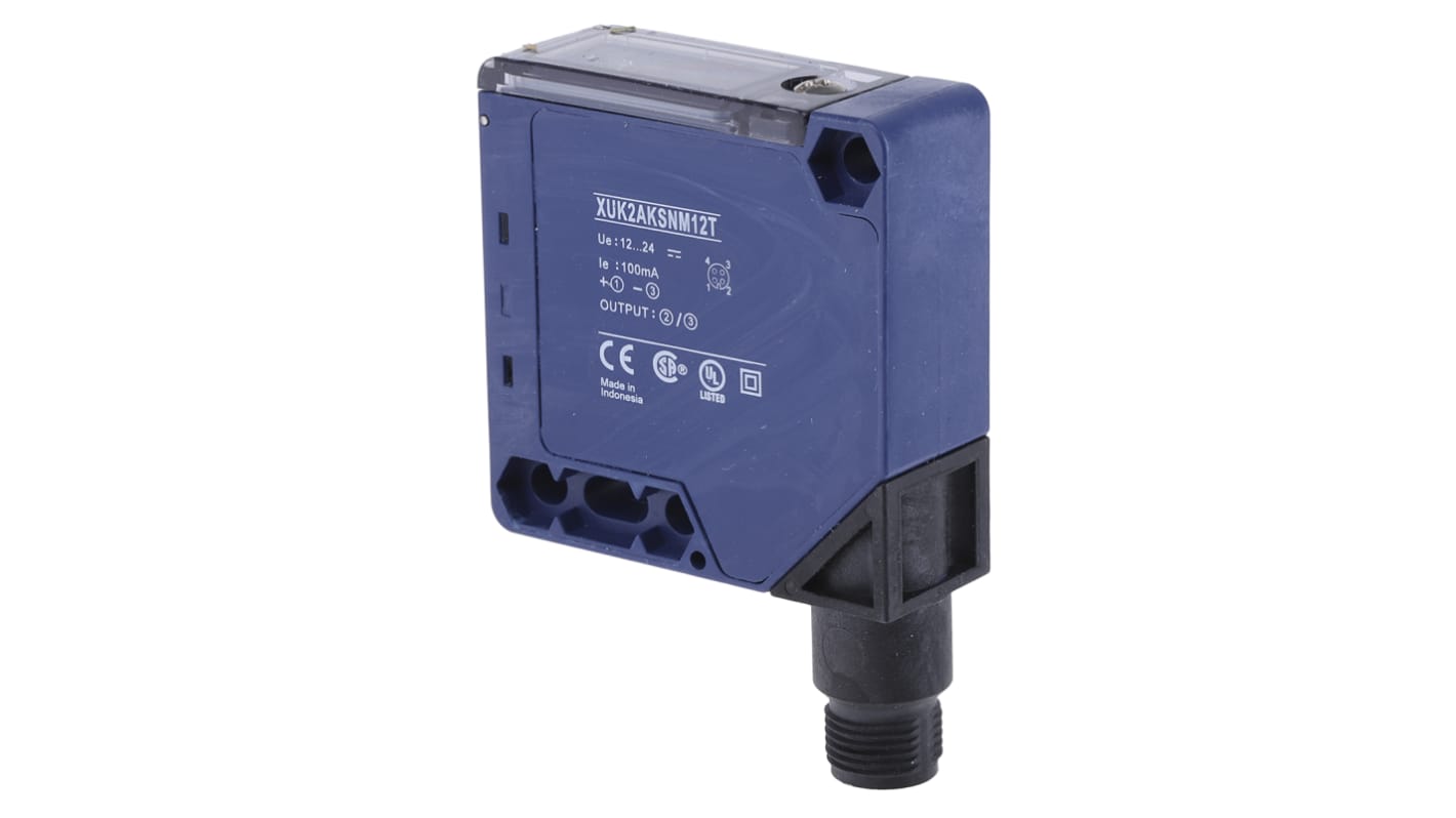 Sensore fotoelettrico compatto Telemecanique XUK2AKSNM12T - Rilevamento 30m, uscita Solid state, IP65, ideale per applicazioni industriali.