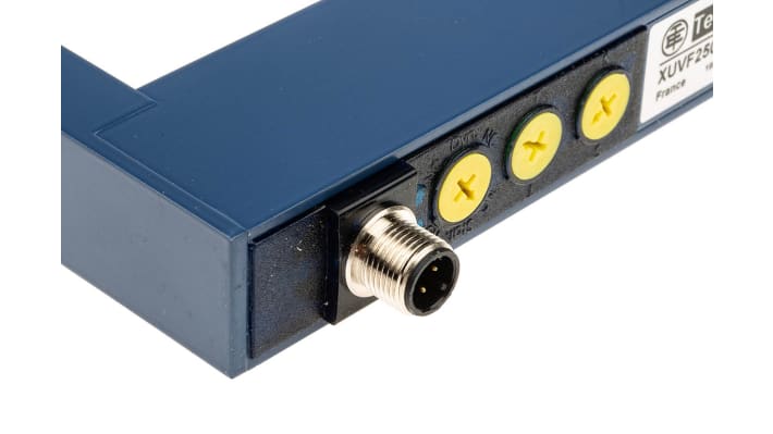 Telemecanique Sensors XUVF250M12, sensore fotoelettrico a infrarossi, rilevamento 6 mm, connettore M12, IP65, dimensioni 230x335x25 mm.