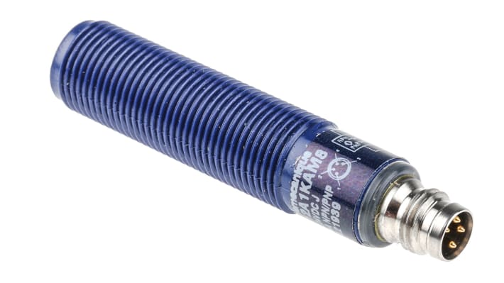 Sensore di prossimità cilindrico Telemecanique Sensors XX512A1KAM8, PNP/NPN, M12, rilevamento 0,0064-0,051 m, IP67, alimentazione 12-24 V DC.