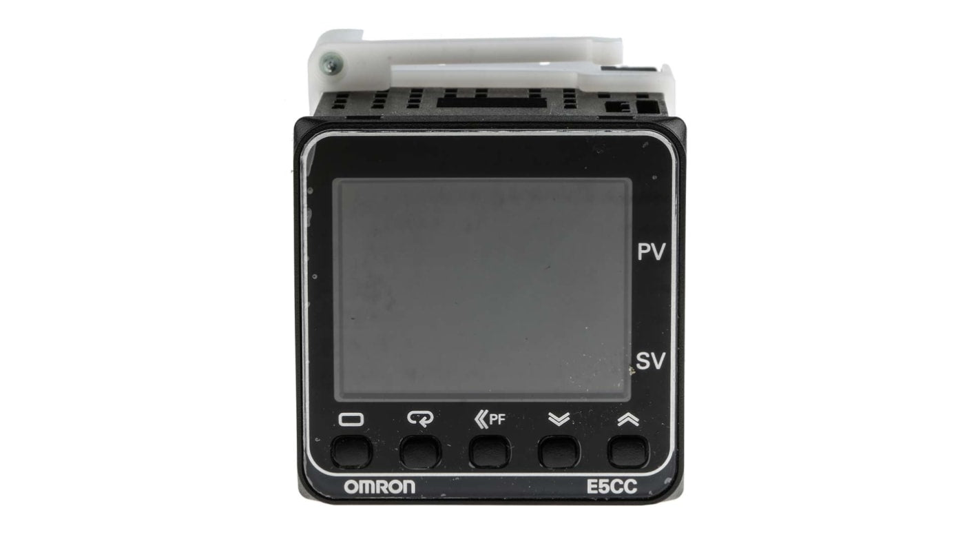 Omron E5CC-RX3A5M-000, regolatore PID digitale 48x48 mm, tensione 100-240 V, display LCD 4 cifre, montaggio a pannello.