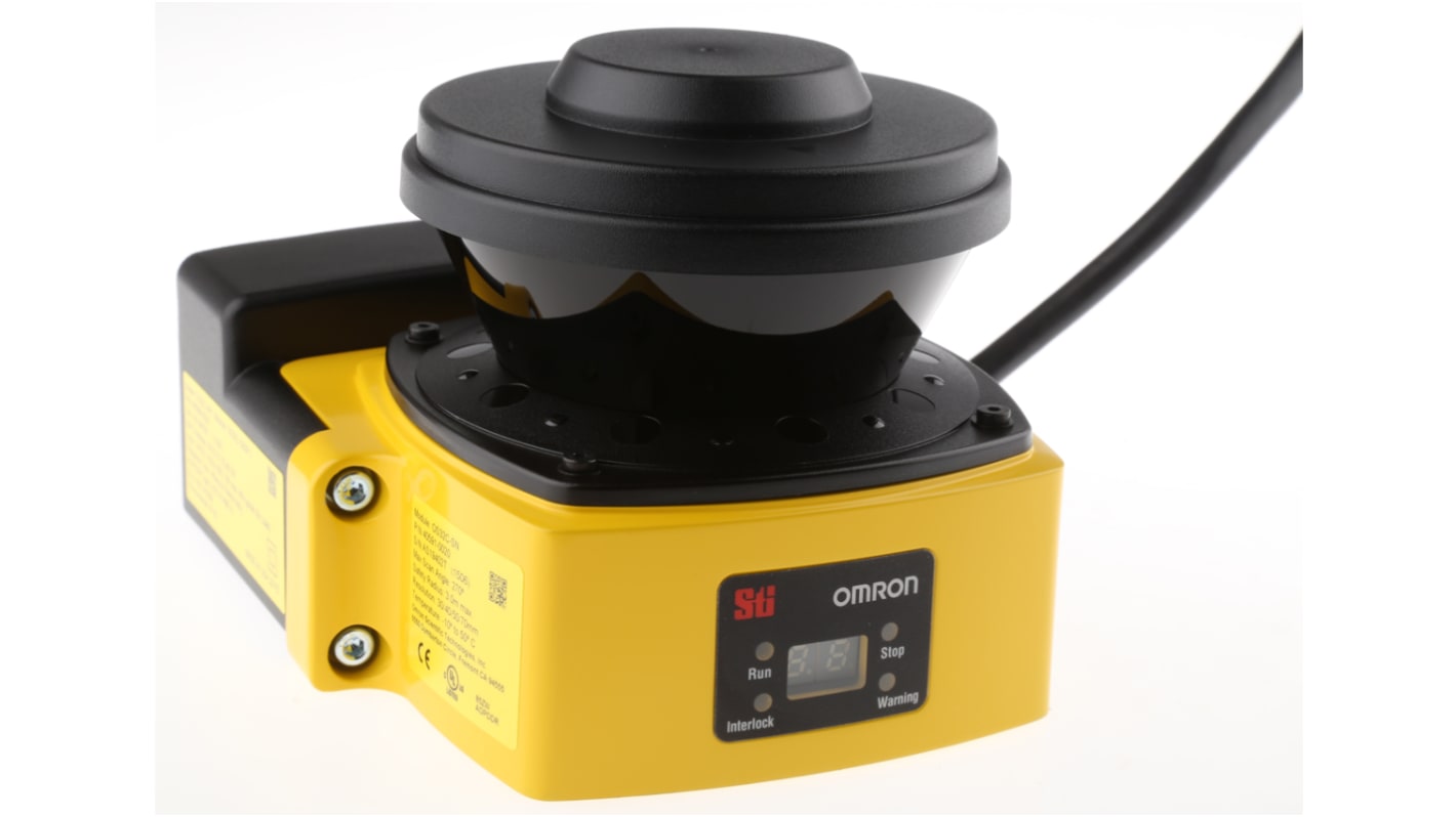Scanner laser di sicurezza Omron OS32C-SP1, angolo di rilevamento 270°, portata fino a 3 m, dimensioni 159 mm x 133 mm x 105 mm.
