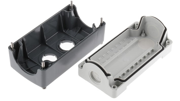 Scatola per pulsante ABB MEP2-0, IP66, plastica grigia, 2 fori Ø 22mm, dimensioni 141x74.4x60.5mm, viti in acciaio INOX incluse.