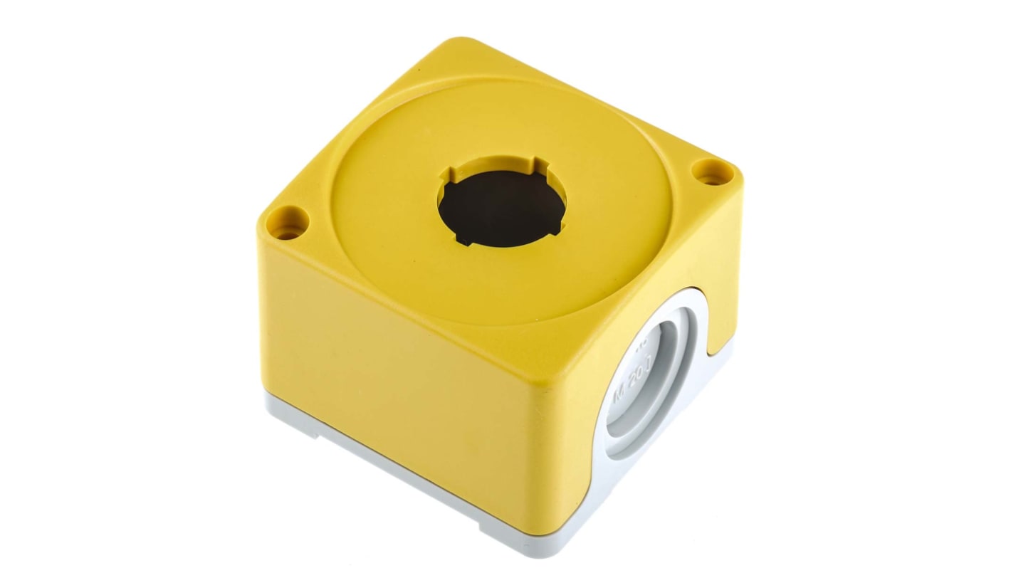 Scatola per pulsante ABB, IP66, con foro Ø 22mm, dimensioni 65x65x47.6mm, coperchio giallo, base grigia.