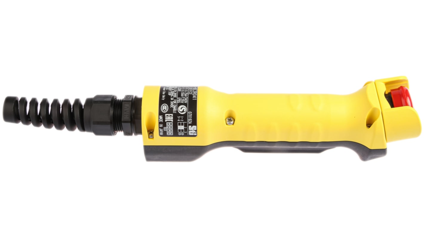 Interruttore di abilitazione di sicurezza Omron A4EG-BE2R041, 3 posizioni, 2NC, protezione IP65, dimensioni 294x63x48 mm.