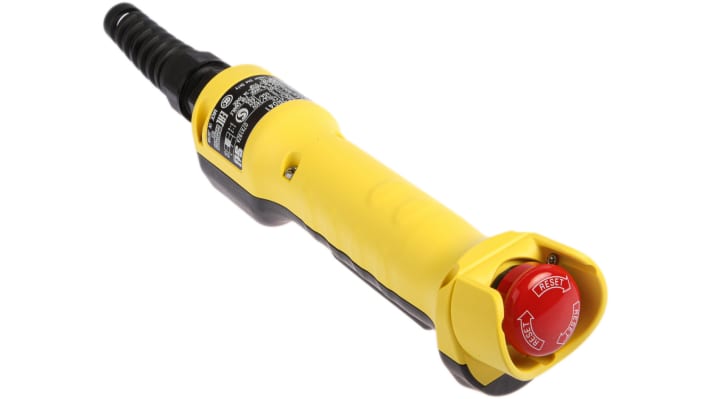 Interruttore di abilitazione di sicurezza Omron A4EG-BE2R041, 3 posizioni, 2NC, protezione IP65, dimensioni 294x63x48 mm.