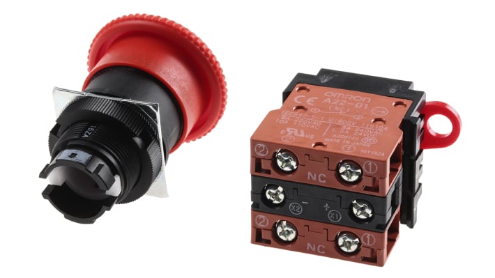 Omron A22EL-M-24A-02, pulsante di arresto di emergenza rosso, montaggio a pannello, grado di protezione IP65, interruttore 2NC.