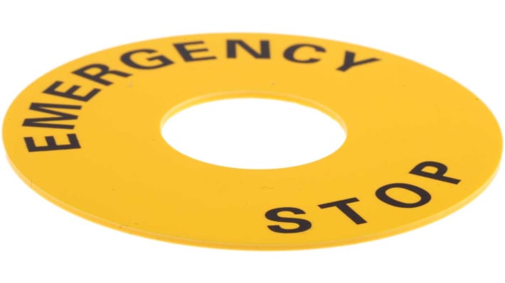 Piastra per legenda gialla Omron A22Z34661 per pulsante di arresto di emergenza, diametro 60 mm, testo nero resistente all'usura.
