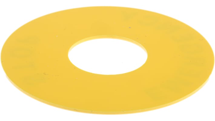 Piastra per legenda gialla Omron A22Z34661 per pulsante di arresto di emergenza, diametro 60 mm, testo nero resistente all'usura.