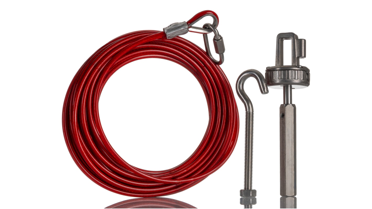 Omron RK10, kit interruttore a fune in acciaio inox, lunghezza fune 125 m, alloggiamento in alluminio, grado di protezione IP67, pulsante E-stop integrato.