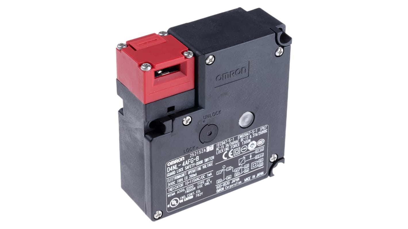 Interruttore di interblocco a solenoide Omron D4NL-4AFG-B, 24V cc, IP67, con quattro contatti e custodia in plastica, dimensioni 95x88.5x35.5 mm.