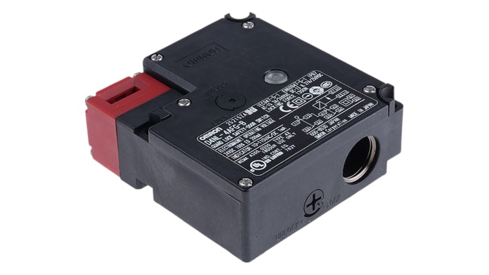 Interruttore di interblocco a solenoide Omron D4NL-4AFG-B, 24V cc, IP67, con quattro contatti e custodia in plastica, dimensioni 95x88.5x35.5 mm.