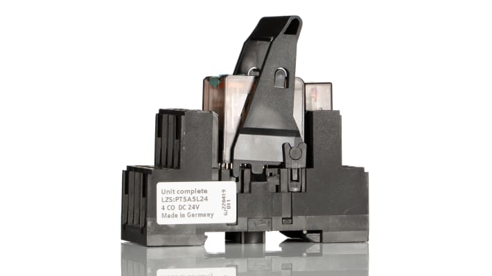 Relè d'interfaccia Siemens LZS, 4PDT, bobina 24V cc, montaggio a innesto, dimensioni 75x75x28mm, contatti placcati oro.