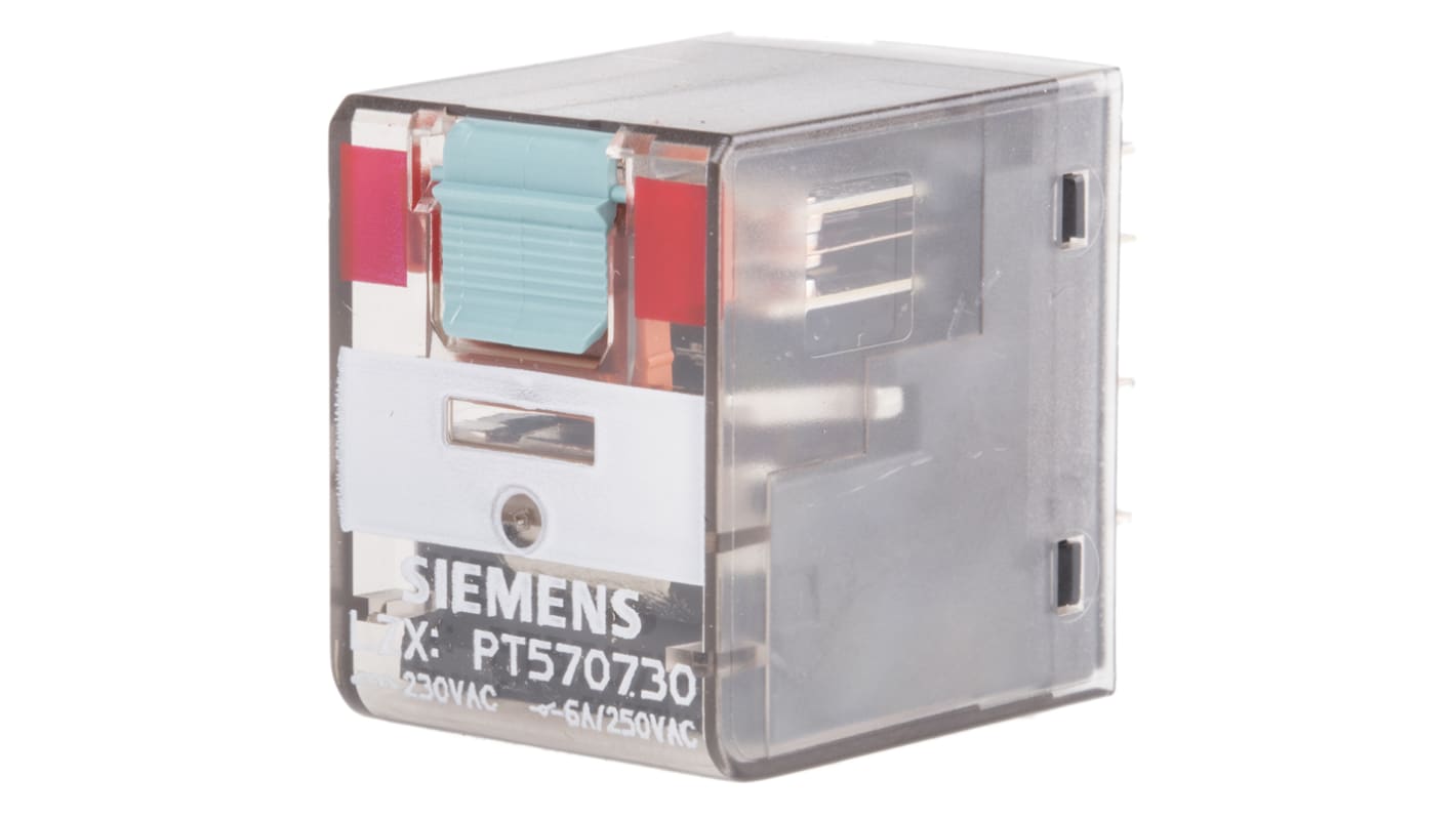 Relè di potenza Siemens LZX 4PDT, bobina 230V, montaggio a innesto, dimensioni 22.5x28x28mm, corrente 6A.