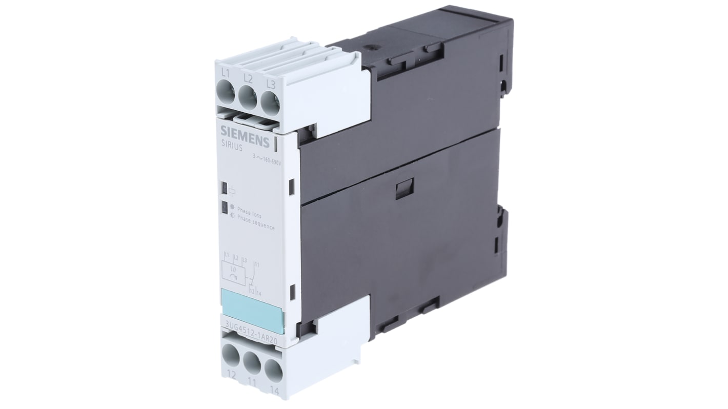 Relè di monitoraggio fase Siemens 3UG4512-1AR20, montaggio su guida DIN, contatto SPDT, dimensioni 91 x 22.5 x 83 mm.