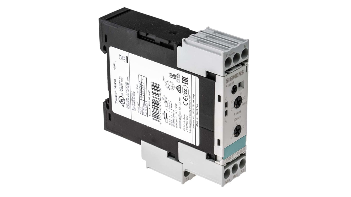 Relè di monitoraggio livelli Siemens 3UG4501-1AW30 con morsetti a vite per liquidi conduttivi. LED per stato relè e alimentazione. SPDT, protezione sovraccarico e funzionamento a secco.