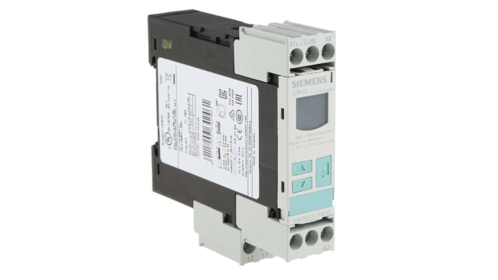 Relè di monitoraggio tensione Siemens 3UG4632-1AW30, SPDT, 24 V, gamma 10-600 V, montaggio su guida DIN, dimensioni 91 x 23 x 92 mm.