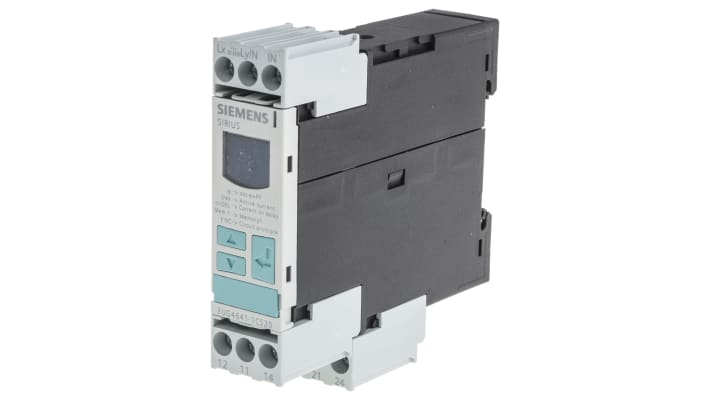 Relè di monitoraggio corrente Siemens 3UG4641-1CS20, DPDT, 24-240 V, intervallo 0.2-10 A, montaggio su guida DIN, dimensioni 91 x 22.5 x 102 mm.