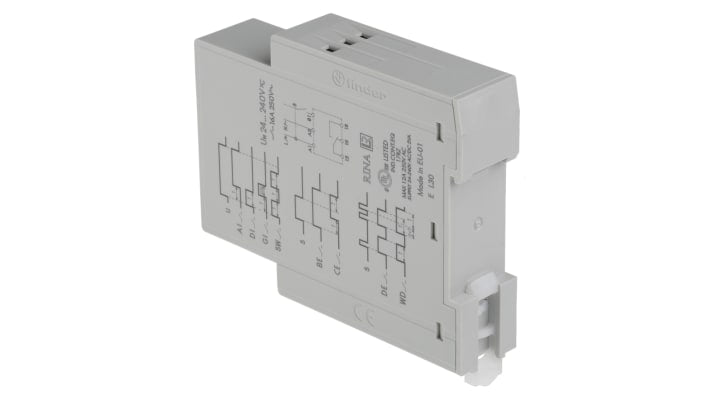Finder Timer Relay SPDT, montaggio su guida DIN, intervallo 0,05 s a 10 h, 24-240 V, 16 A, dimensioni 22,5 x 86,2 x 100,3 mm.