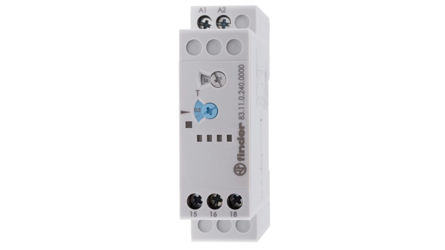 Finder Timer Relay SPDT per guida DIN, intervallo 0.05-10 min, tensione 24-240 V, corrente massima 16 A.