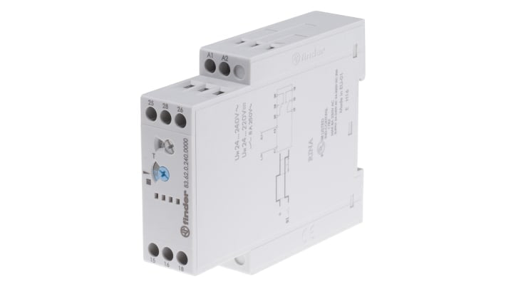 Finder Timer Relay 83.62.0.240.0000, 2 poli SPDT, montaggio su guida DIN, intervallo 0,05-180 s, 24-240 V, 8 A. Dimensioni 22,5 x 78,8 x 100,3 mm.