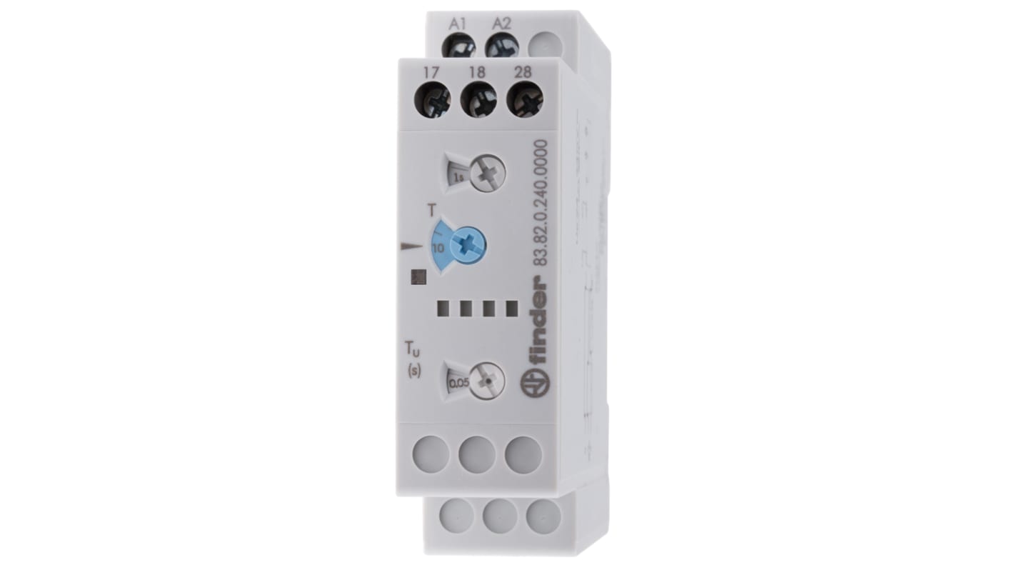 Finder Timer Relay 83.82.0.240.0000, DPST, montaggio su guida DIN 35 mm, intervallo 0,05 s a 10 giorni, 24-240 V.