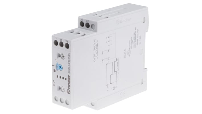 Finder Timer Relay 83.82.0.240.0000, DPST, montaggio su guida DIN 35 mm, intervallo 0,05 s a 10 giorni, 24-240 V.