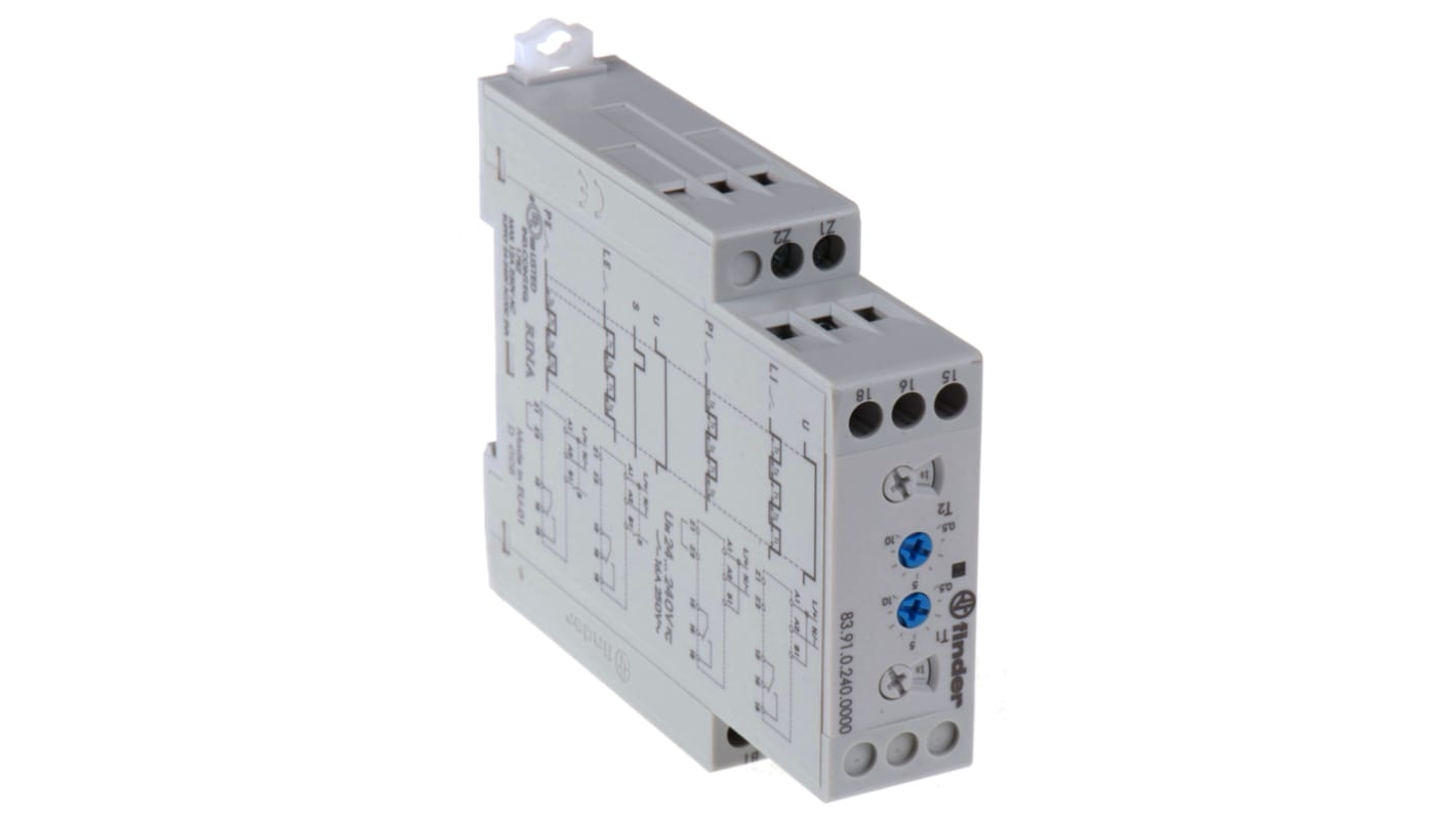 Finder Timer Relay 83.91.0.240.0000, SPDT, montaggio su guida DIN, intervallo 0,05 s a 10 giorni, 24-240 V, 16 A.