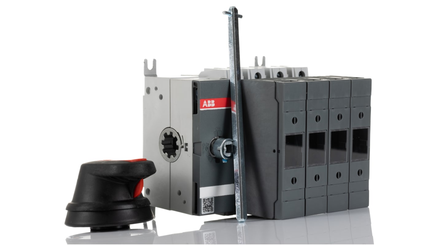 Sezionatore portafusibili ABB OS63GD04N2P, 63A, 4 poli, montaggio su guida DIN, grado di protezione IP20, impugnatura ON/OFF.