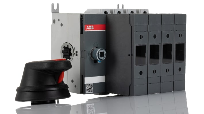 Sezionatore portafusibili ABB OS63GD04N2P, 63A, 4 poli, montaggio su guida DIN, grado di protezione IP20, impugnatura ON/OFF.