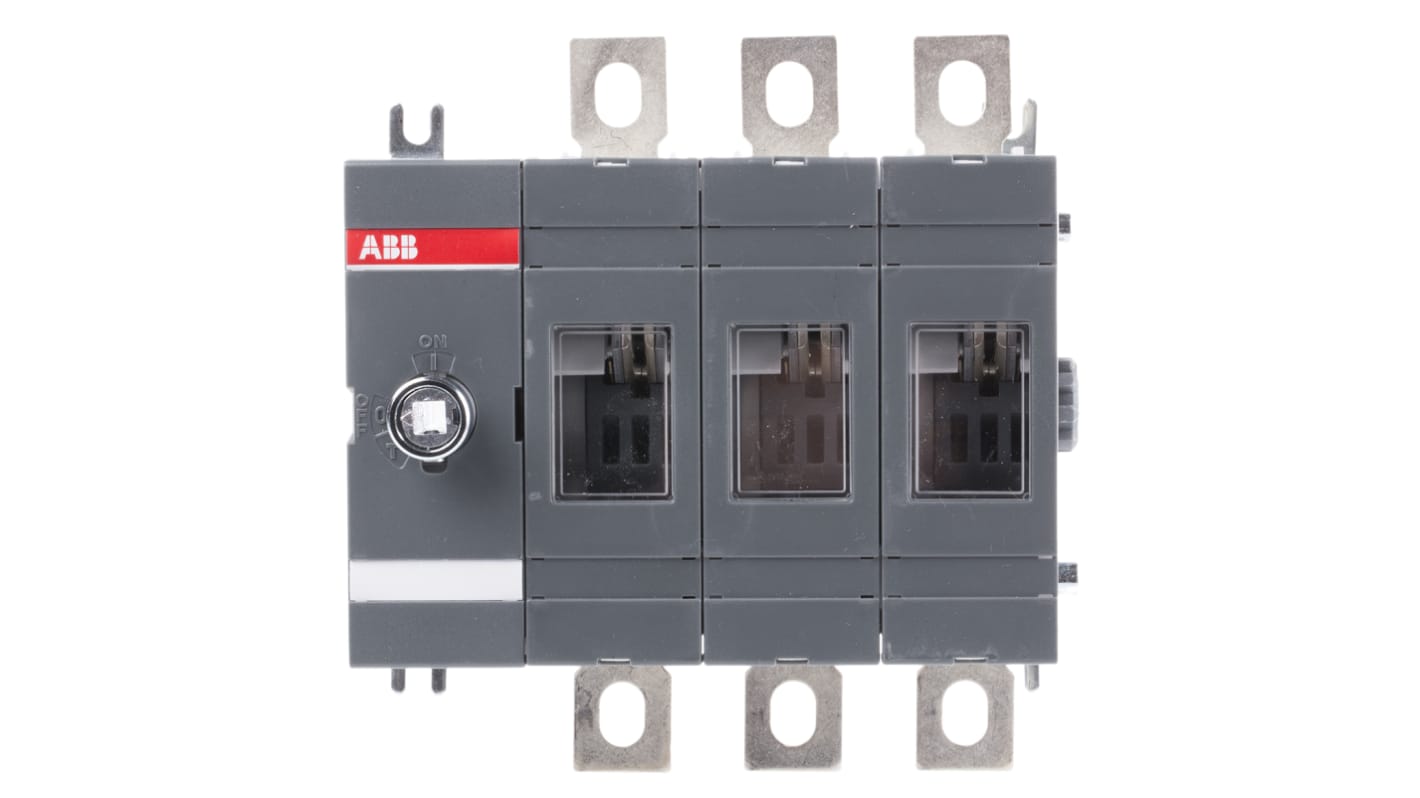 Interruttore di isolamento ABB OT160EV03P, 3 poli, 200A, 1000V, montaggio su base, grado di protezione IP65, dimensioni 145,5x100x66mm.