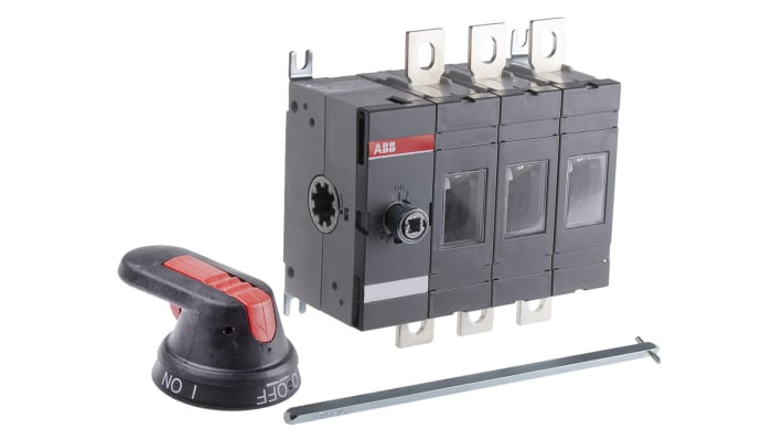 Interruttore di isolamento ABB OT160EV03P, 3 poli, 200A, 1000V, montaggio su base, grado di protezione IP65, dimensioni 145,5x100x66mm.