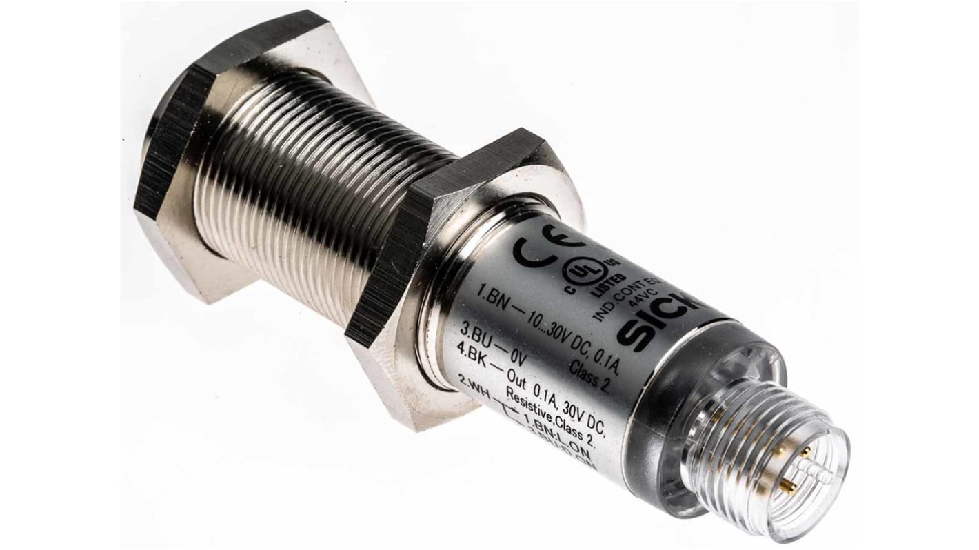 Sensore fotoelettrico cilindrico Sick VTE180-2P42442, rilevamento 1-450 mm, uscita PNP, montaggio filettato, IP67.