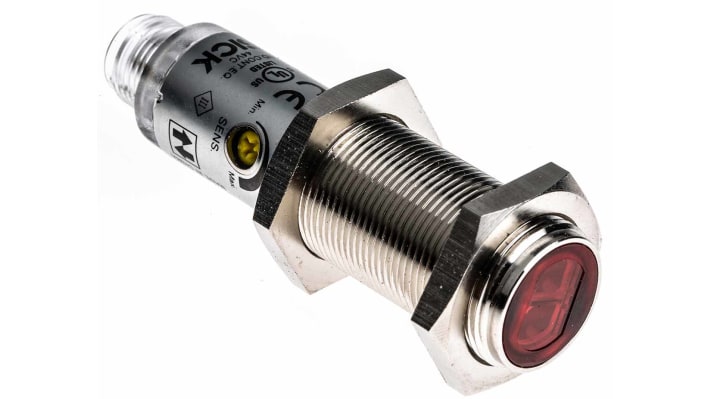 Sensore fotoelettrico cilindrico Sick VTE180-2P42442, rilevamento 1-450 mm, uscita PNP, montaggio filettato, IP67.