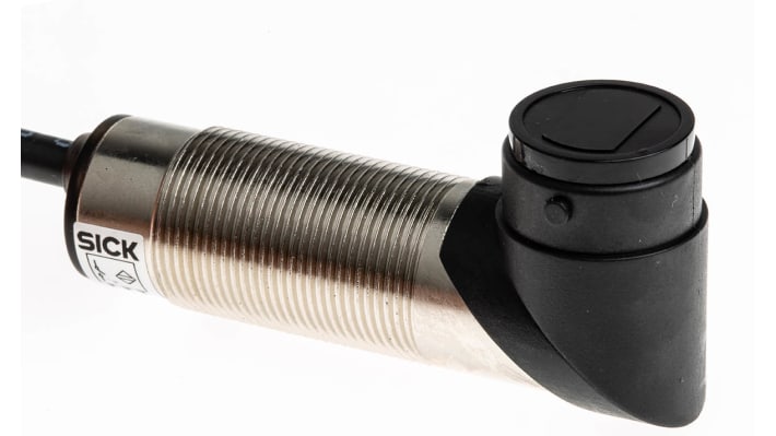Sensore fotoelettrico cilindrico Sick VTF18-3F1412, rilevamento 3-100 mm, uscita PNP, montaggio filettato, IP67.