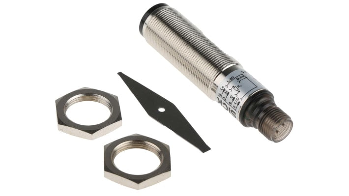 Sensore fotoelettrico cilindrico Sick VTF18-4P1240, rilevamento da 3 mm a 100 mm, uscita PNP, montaggio filettato, IP67.