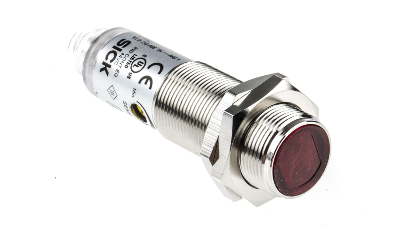 Sensore fotoelettrico cilindrico Sick VL180-2P42431, M18, rilevamento 50 mm a 7 m, IP67, alimentazione 10-30V CC.