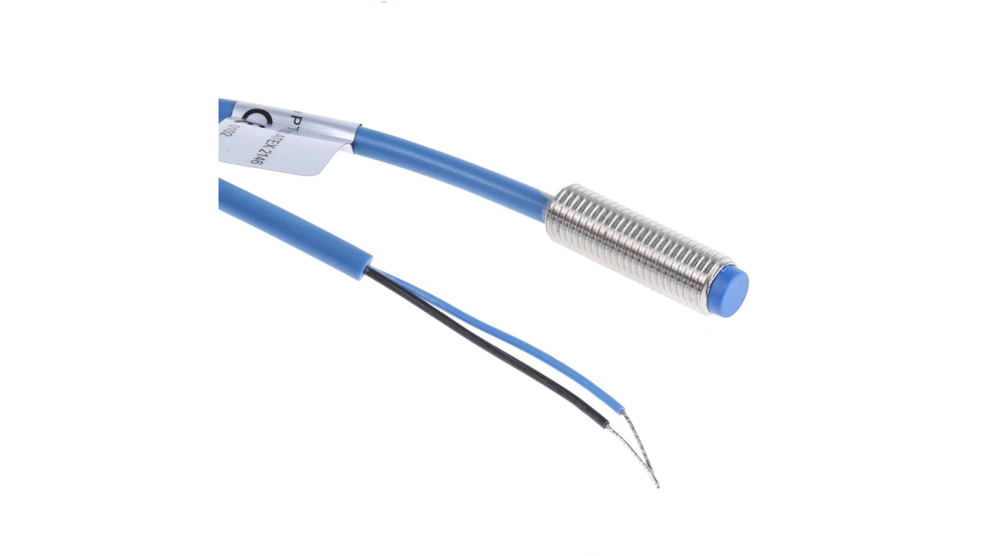 Sensore di prossimità cilindrico NAMUR Baumer IFRM 08X9103, certificato ATEX, filettatura M8, gamma di rilevamento 2 mm, IP67.